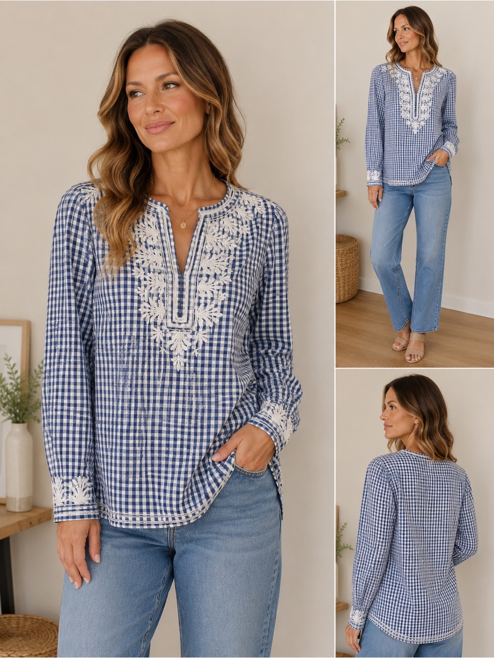 Talbots XS Blue White Gingham Embroidered Cotton Tunic Top